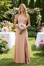 Round Neck Sheath Chiffon Appliqued Bridesmaid Dress in Champagne Rose - Curvevia