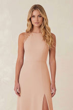 Round Neck Sheath Chiffon Appliqued Bridesmaid Dress in Champagne Rose - Curvevia