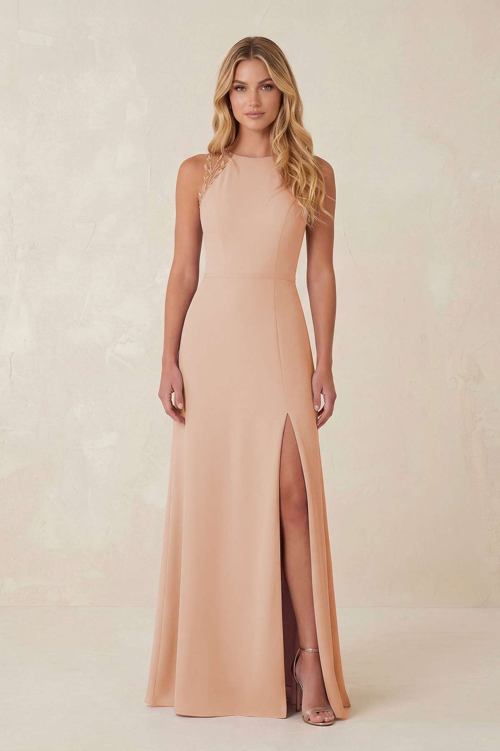 Round Neck Sheath Chiffon Appliqued Bridesmaid Dress in Champagne Rose - Curvevia