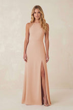 Round Neck Sheath Chiffon Appliqued Bridesmaid Dress in Champagne Rose - Curvevia