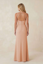 Round Neck Sheath Chiffon Appliqued Bridesmaid Dress in Champagne Rose - Curvevia