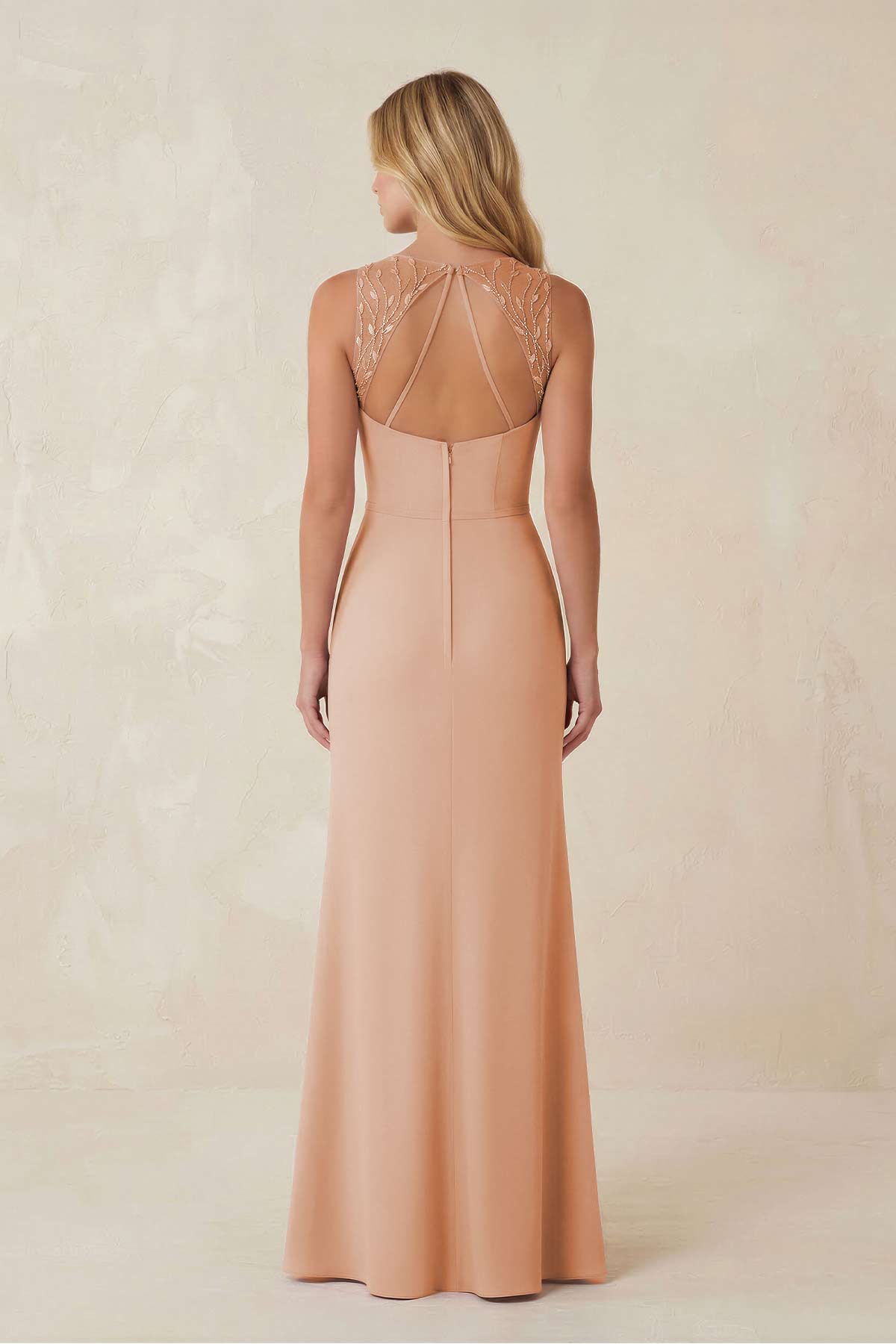 Round Neck Sheath Chiffon Appliqued Bridesmaid Dress in Champagne Rose - Curvevia