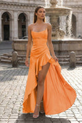Orange - Spaghetti Straps Sheath Satin High Low Wedding Guest Dress With Ruffles - Curvevia