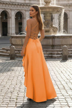 Orange - Spaghetti Straps Sheath Satin High Low Wedding Guest Dress With Ruffles - Curvevia