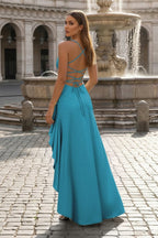 Peacock - Spaghetti Straps Sheath Satin High Low Wedding Guest Dress With Ruffles - Curvevia