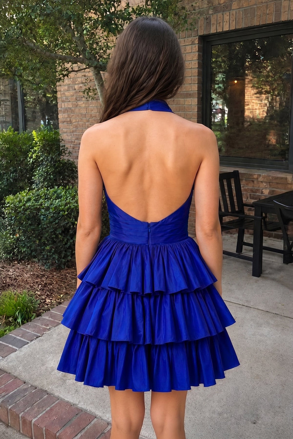 A-Line Deep Halter Satin Short Wedding Guest Dress with Ruffles - Curvevia
