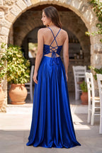 A-Line V-Neck Satin Mother of the Bride Dress with Slit - Curvevia