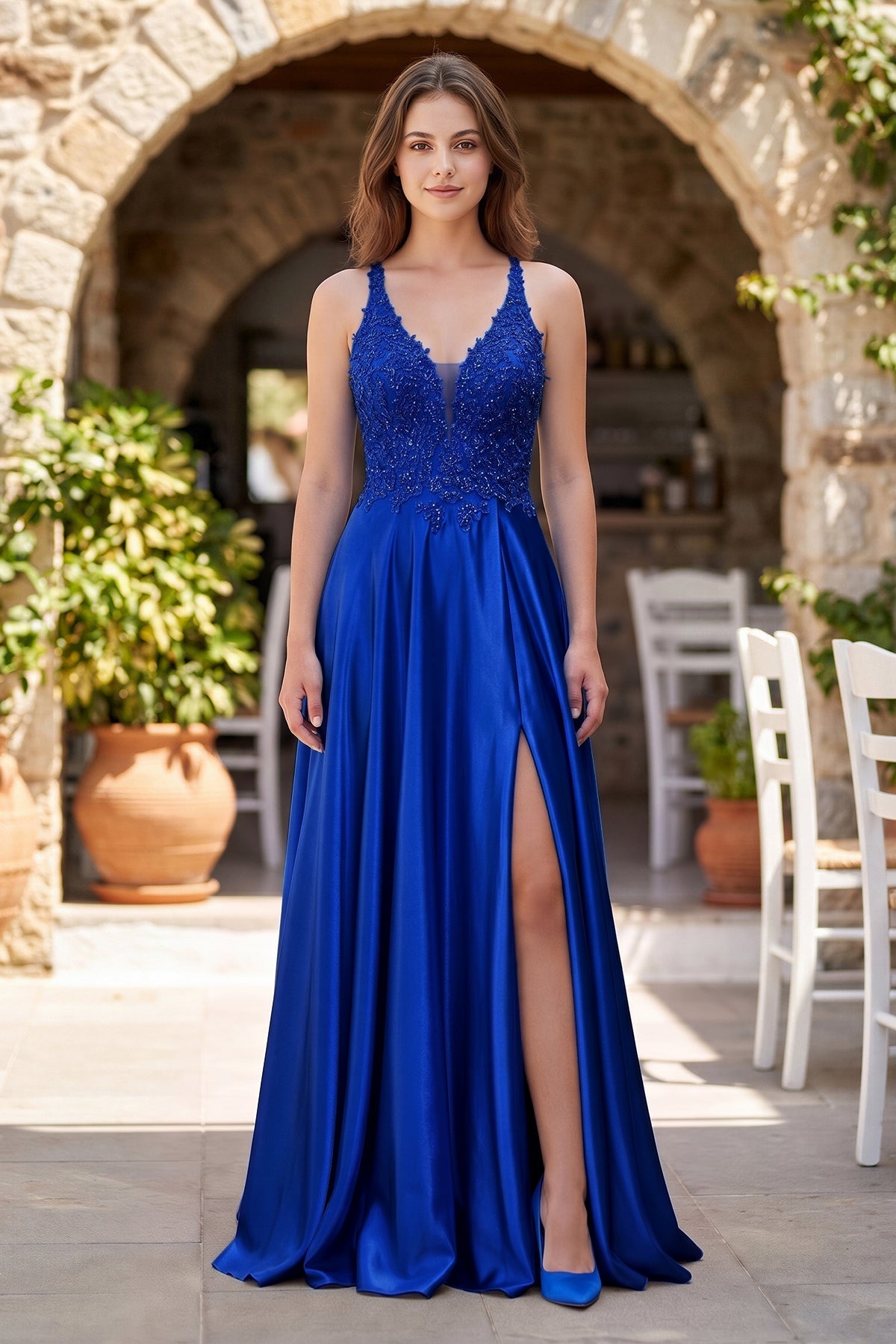A-Line V-Neck Satin Mother of the Bride Dress with Slit - Curvevia