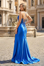 Royal Blue Appliques Spaghetti Straps Mermaid Long Evening Dress - Curvevia