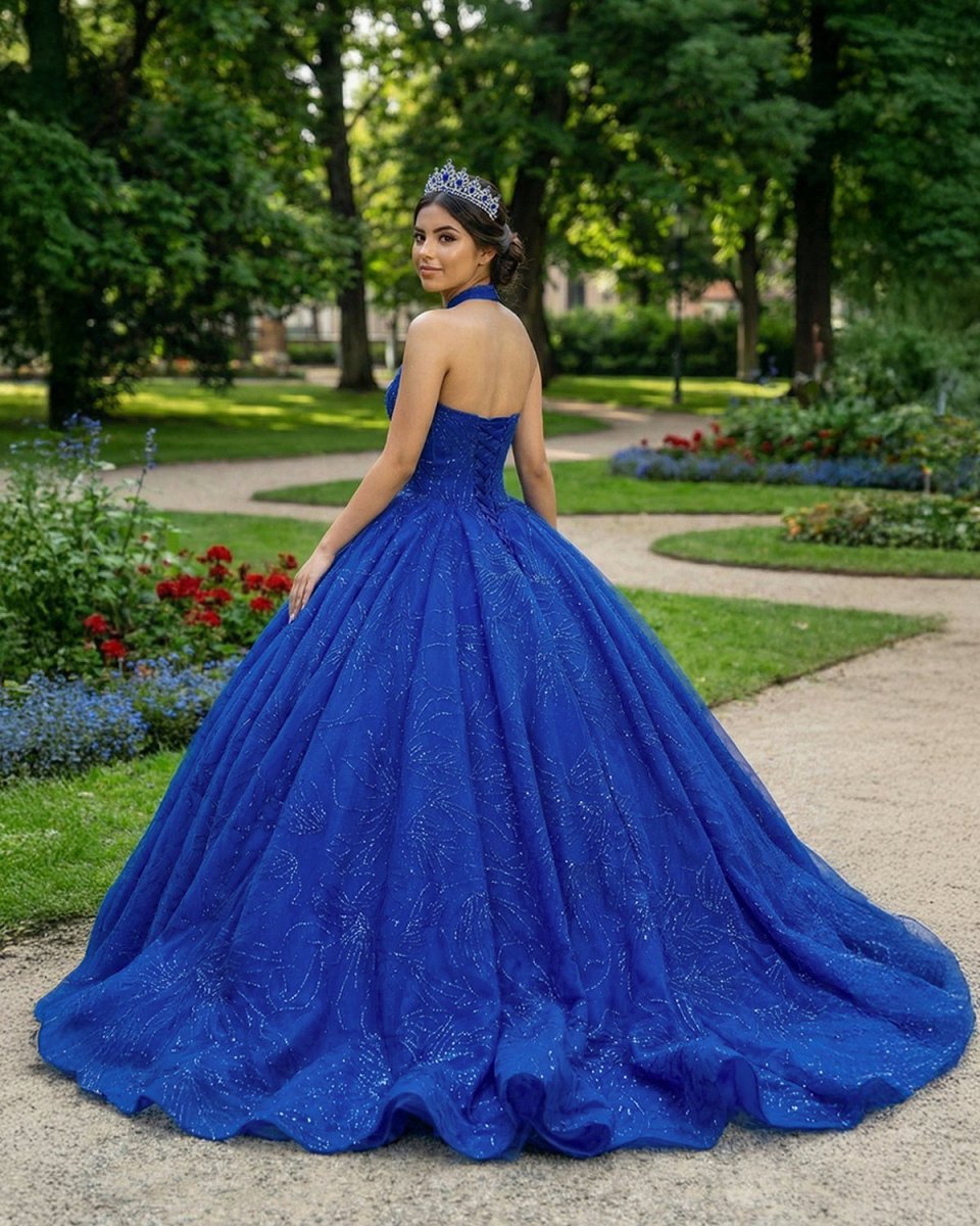 Royal Blue Ball Gown Halter Sleeveless Quinceanera Dress - Curvevia