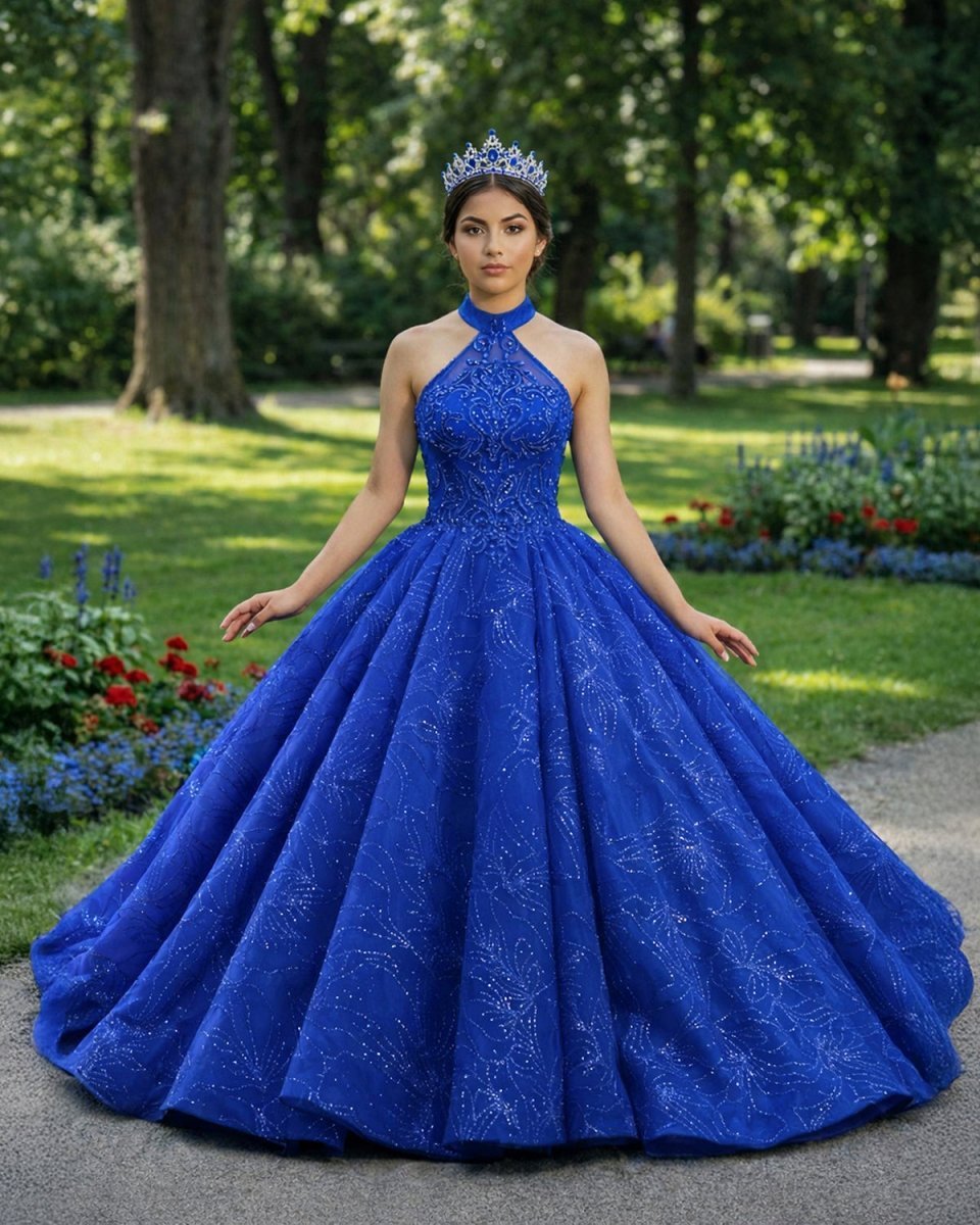 Royal Blue Ball Gown Halter Sleeveless Quinceanera Dress - Curvevia