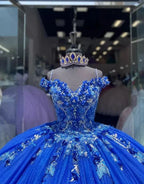 Royal Blue Ball-Gown Off-the-Shoulder Quinceanera Dresses with Appliques - Curvevia