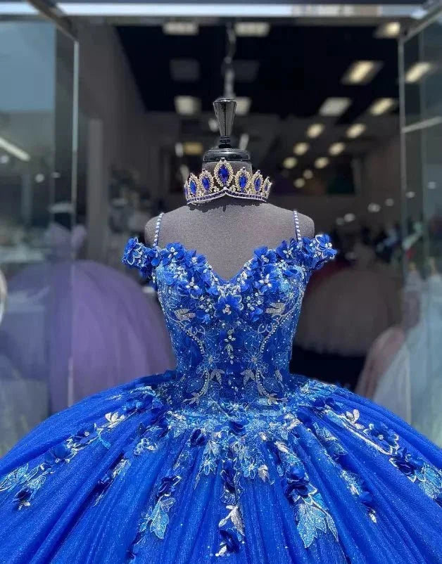 Royal Blue Ball-Gown Off-the-Shoulder Quinceanera Dresses with Appliques - Curvevia