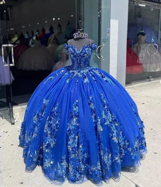 Royal Blue Ball-Gown Off-the-Shoulder Quinceanera Dresses with Appliques - Curvevia