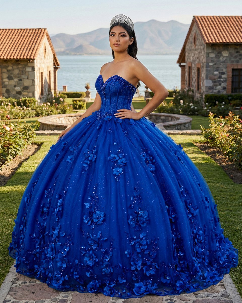 Royal Blue Ball Gown Quinceanera Dress With 3D Flowers - Curvevia