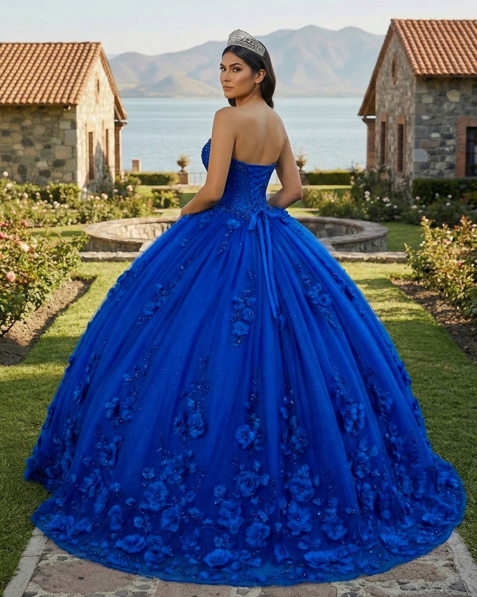 Royal Blue Ball Gown Quinceanera Dress With 3D Flowers - Curvevia