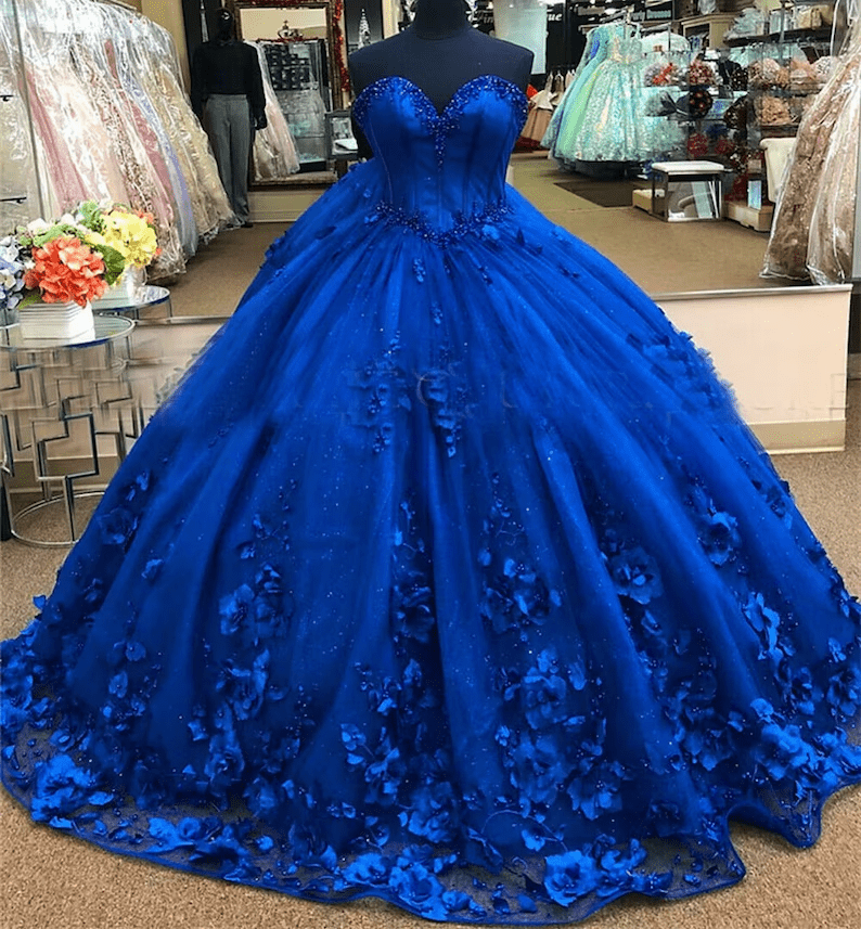 Royal Blue Ball Gown Quinceanera Dress With 3D Flowers - Curvevia