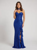Royal Blue Beaded Mesh Mermaid V-Neck Corset Back Floor-Length Dress with Ruffle Slit - Curvevia
