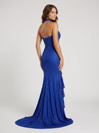 Royal Blue Beaded Mesh Mermaid V-Neck Corset Back Floor-Length Dress with Ruffle Slit - Curvevia