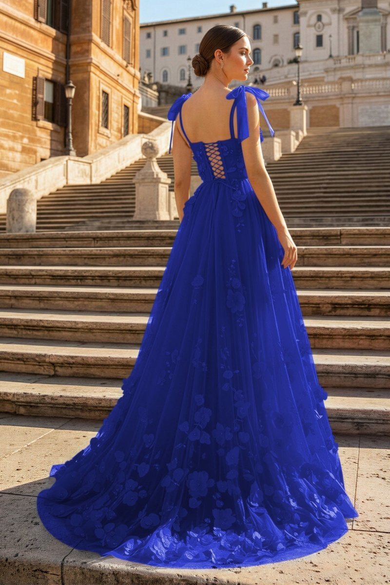 Scarlet Tulle A-line 3D Flower Long Evening Dress With Slit - Curvevia