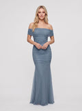 Dusty Blue Tulle A-Line Off-the-Shoulder Back Zip Floor-Length Dress with Pleating - Curvevia