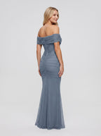 Dusty Blue Tulle A-Line Off-the-Shoulder Back Zip Floor-Length Dress with Pleating - Curvevia