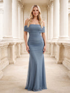 Dusty Blue Tulle A-Line Off-the-Shoulder Back Zip Floor-Length Dress with Pleating - Curvevia