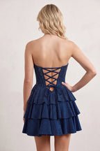 Royal Blue Glitter Beaded A-Line Ruffled Corset Satin Homecoming Dress - Curvevia