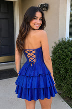 Royal Blue Glitter Beaded A-Line Ruffled Corset Satin Homecoming Dress - Curvevia