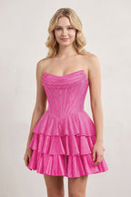 Royal Blue Glitter Beaded A-Line Ruffled Corset Satin Homecoming Dress - Curvevia