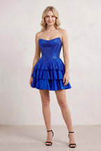 Royal Blue Glitter Beaded A-Line Ruffled Corset Satin Homecoming Dress - Curvevia