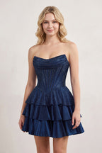 Royal Blue Glitter Beaded A-Line Ruffled Corset Satin Homecoming Dress - Curvevia