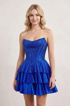 Royal Blue Glitter Beaded A-Line Ruffled Corset Satin Homecoming Dress - Curvevia