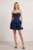 Royal Blue Glitter Beaded A-Line Ruffled Corset Satin Homecoming Dress - Curvevia