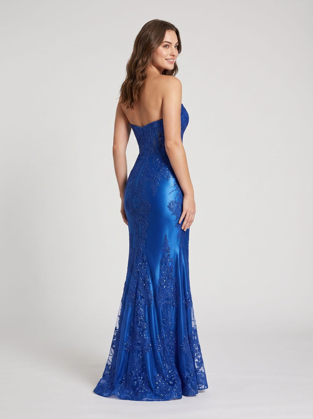 Royal Blue Glitter Mesh Mermaid Sweetheart Corset Back Floor-Length Dress with Sheer Corset Bodice - Curvevia