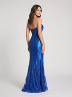 Royal Blue Glitter Mesh Mermaid Sweetheart Corset Back Floor-Length Dress with Sheer Corset Bodice - Curvevia