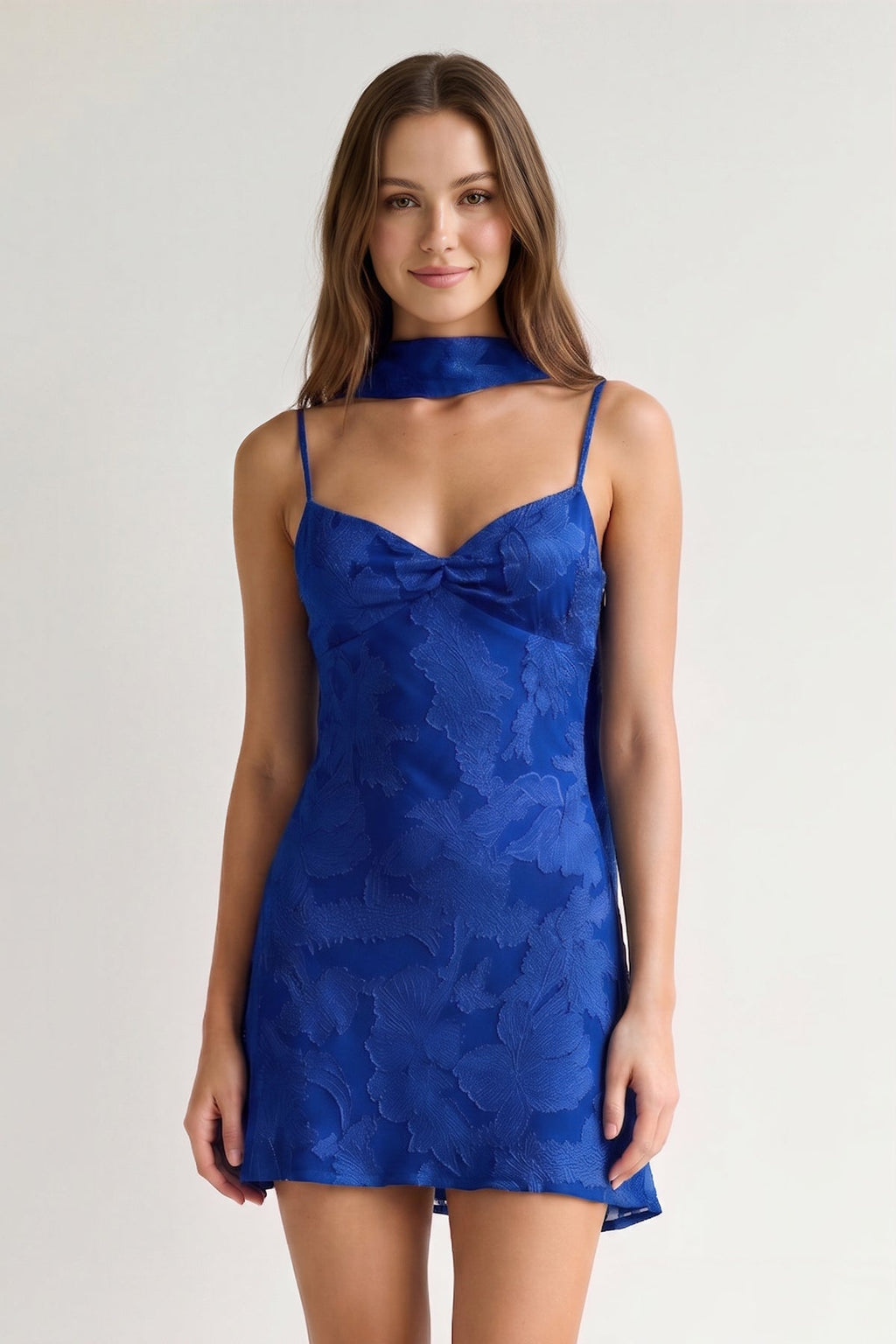 Red Jacquard Chiffon Cami Straps Sheath Homecoming Dress with Scarf - Curvevia