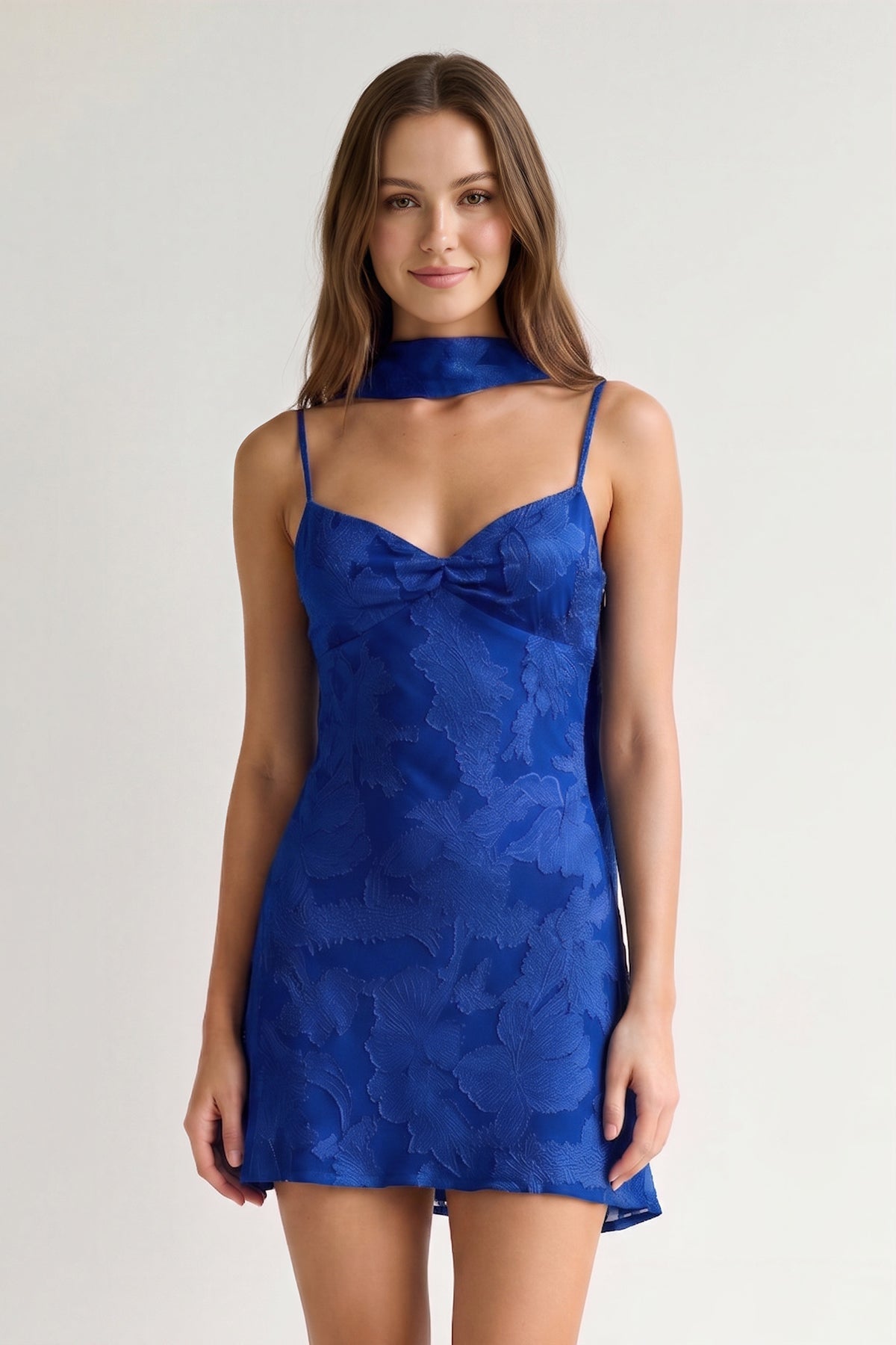Red Jacquard Chiffon Cami Straps Sheath Homecoming Dress with Scarf - Curvevia