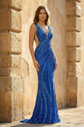 Royal Blue Mermaid V Neck Sequined Long Evening Dress - Curvevia