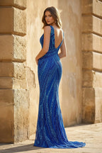 Royal Blue Mermaid V Neck Sequined Long Evening Dress - Curvevia
