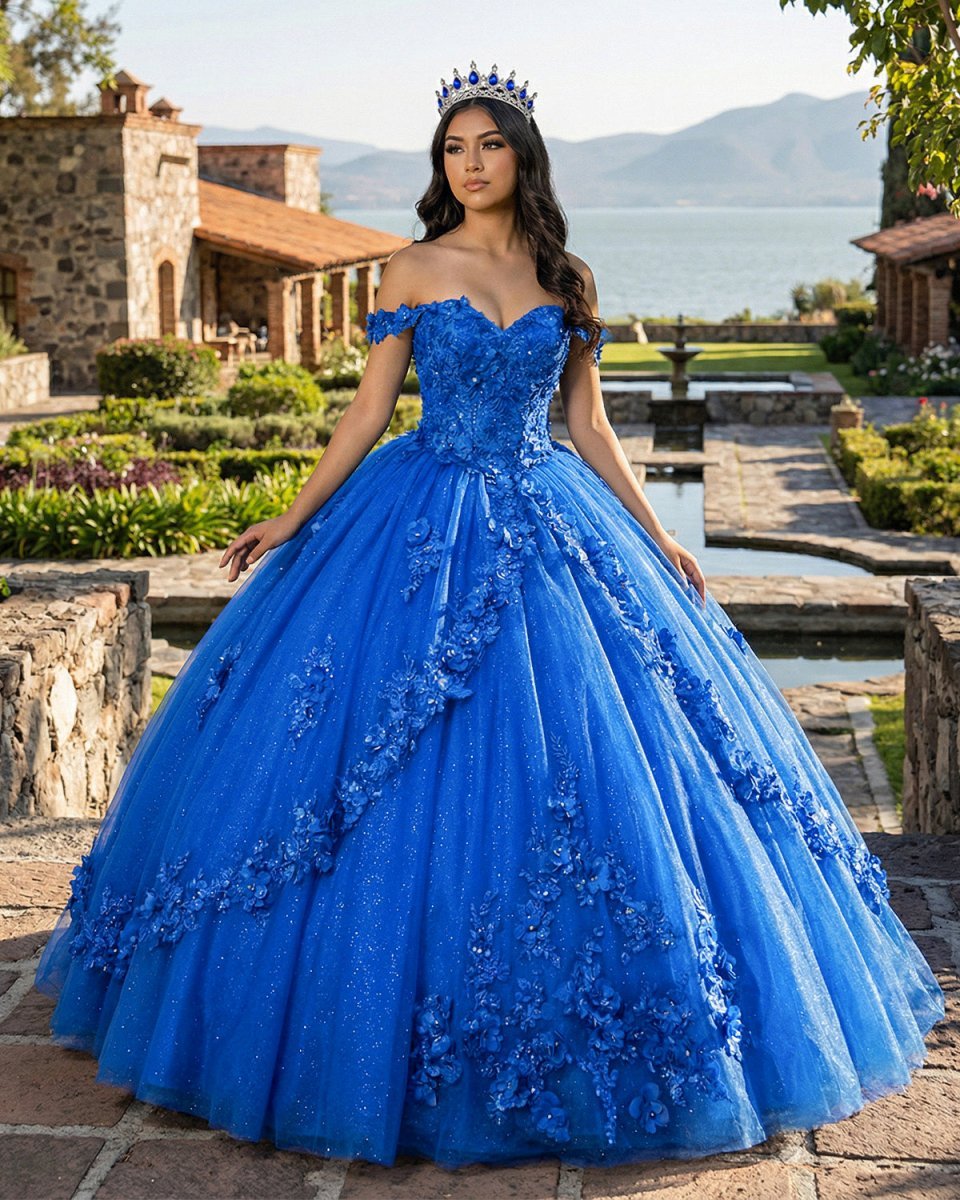 Royal Blue Off-Shoulder Ball Gown With Flowers Tulle Quinceanera Dress - Curvevia