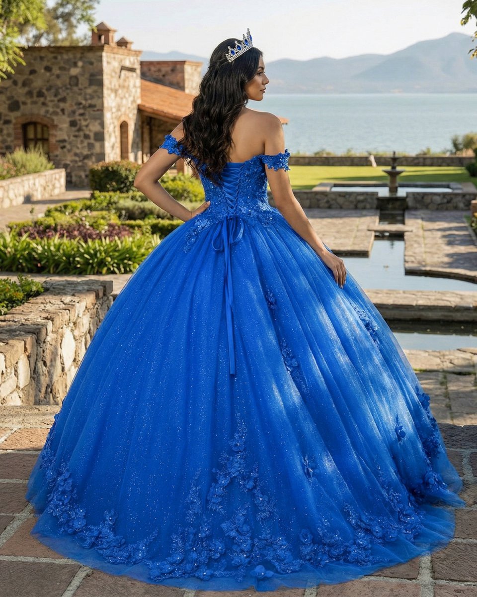 Royal Blue Off-Shoulder Ball Gown With Flowers Tulle Quinceanera Dress - Curvevia