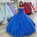 Royal Blue Off-Shoulder Ball Gown With Flowers Tulle Quinceanera Dress - Curvevia