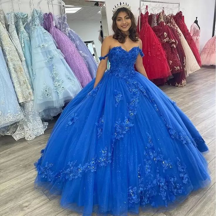 Royal Blue Off-Shoulder Ball Gown With Flowers Tulle Quinceanera Dress - Curvevia