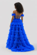 Royal Blue Off the Shoulder Ruffle Tiered Tulle Long Prom Dresses with Slit - Curvevia