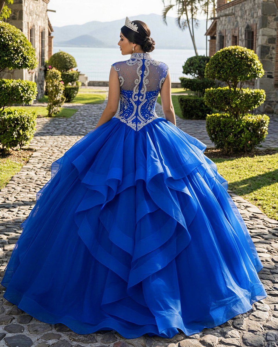 Royal Blue Organza High Neck Quinceanera Dresses Burgundy Prom Dresses - Curvevia