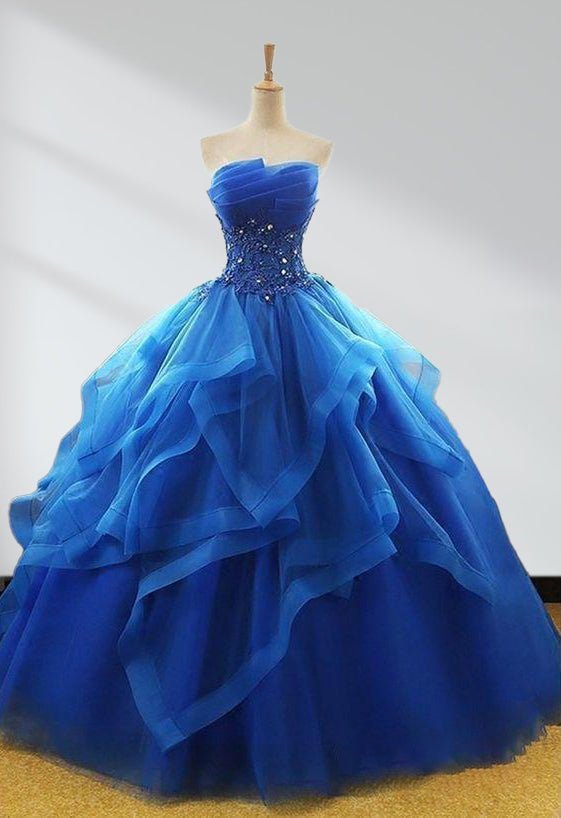 Royal Blue Quinceanera Dresses Organza Lace Applique Prom Dresses - Curvevia