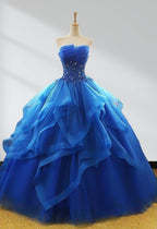 Royal Blue Quinceanera Dresses Organza Lace Applique Prom Dresses - Curvevia