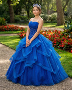 Royal Blue Quinceanera Dresses Organza Lace Applique Prom Dresses - Curvevia