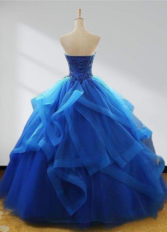 Royal Blue Quinceanera Dresses Organza Lace Applique Prom Dresses - Curvevia